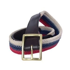 Vineyard Vines Mens Braided Woven Belt Sz 30 USA‎ Red White Blue w/ Leather Trim